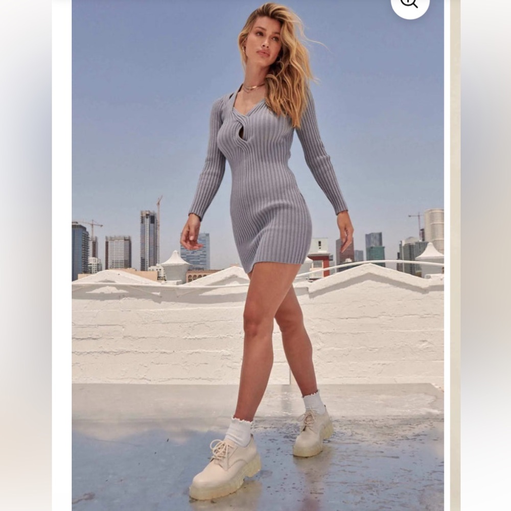 Promesa Going Vogue Rib-Knit Keyhole Mini Sweater Dress in Ash Blue M